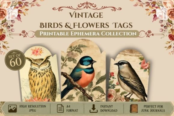 Download Vintage Birds &amp; Flowers Printable Tags - Print Collection
